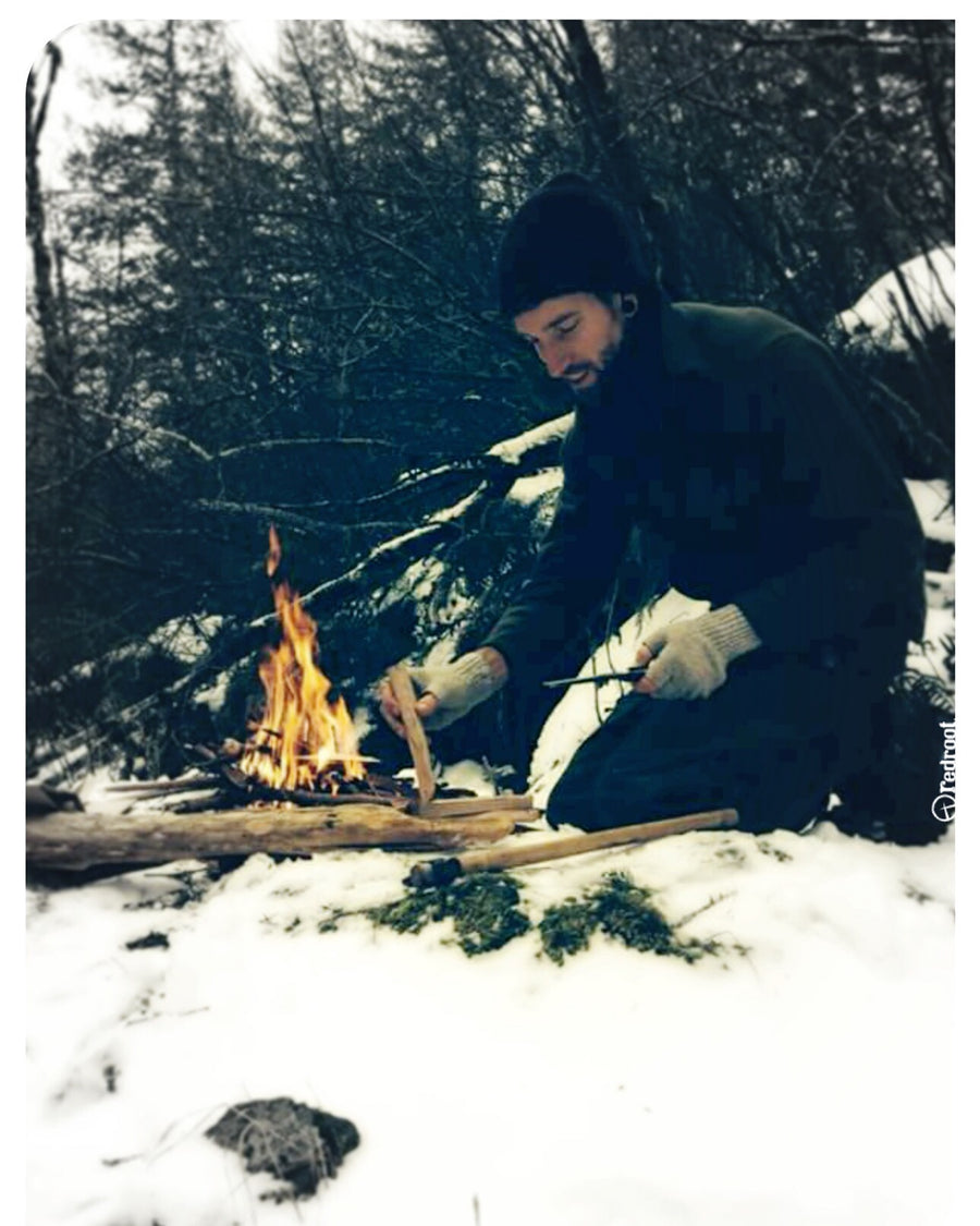 Redroot Blades. making fires in the snow. Campfires in the snow. Knives for camping and making campfires.