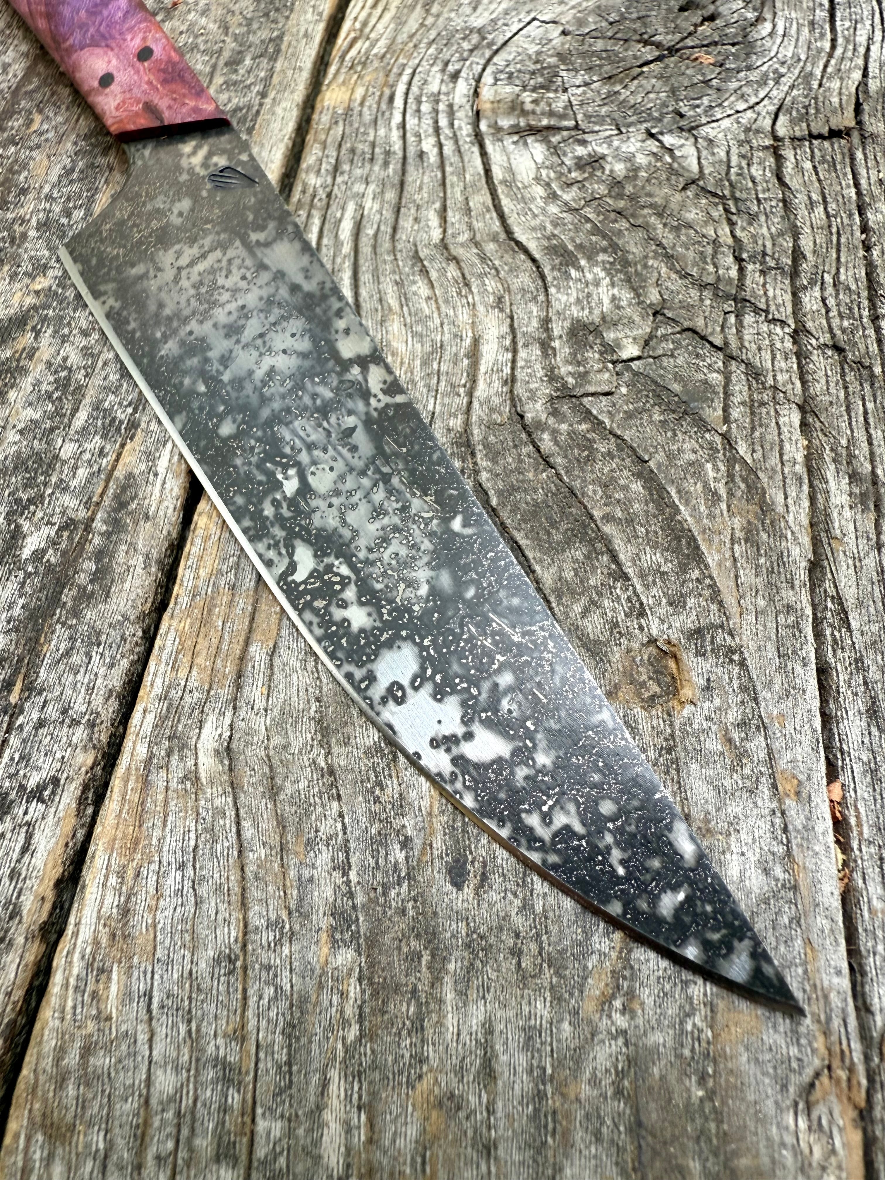 Western Kitchen Petty Knife — dyed Maple Burl & Linen Micarta