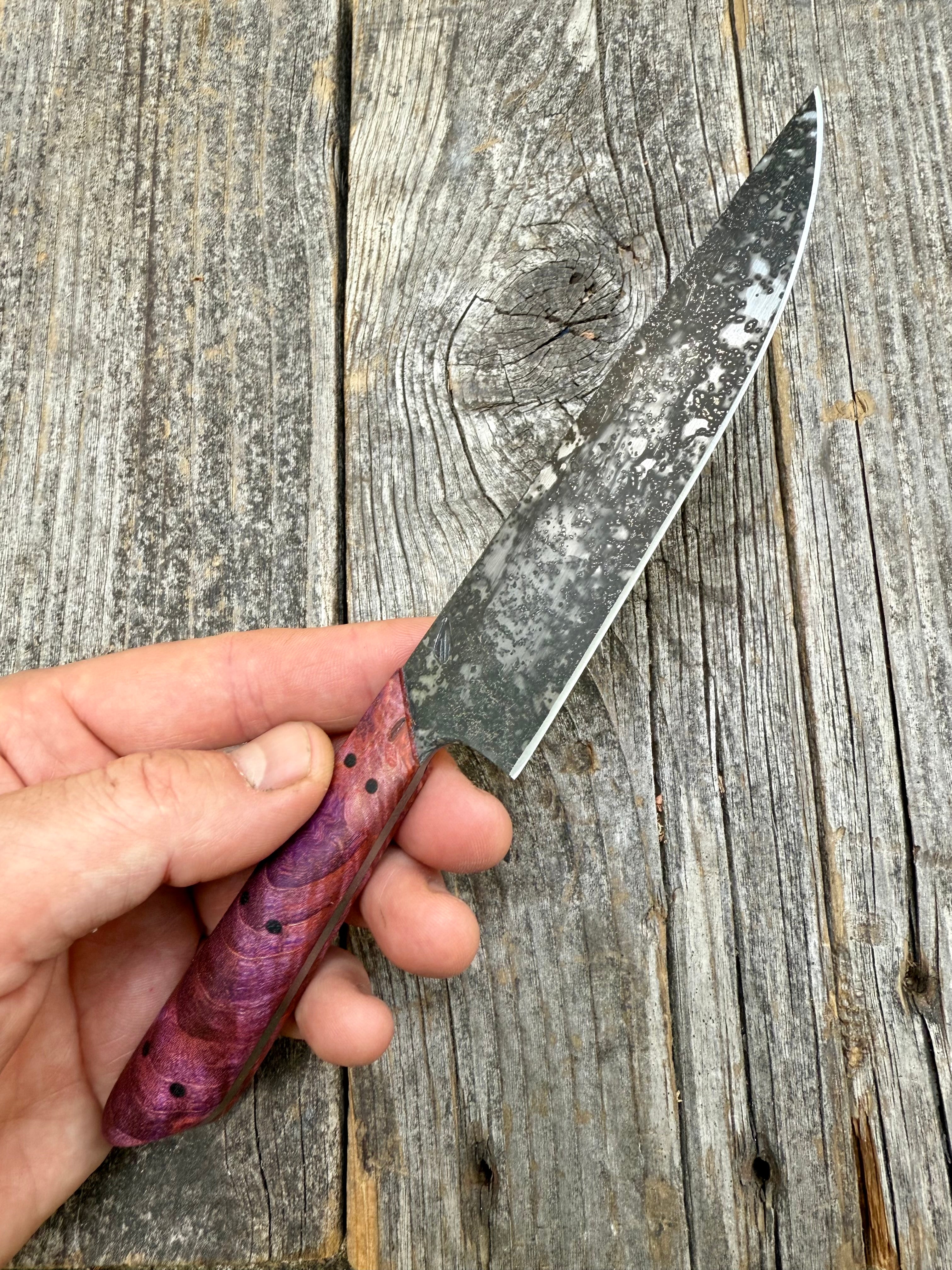 Western Kitchen Petty Knife — dyed Maple Burl & Linen Micarta