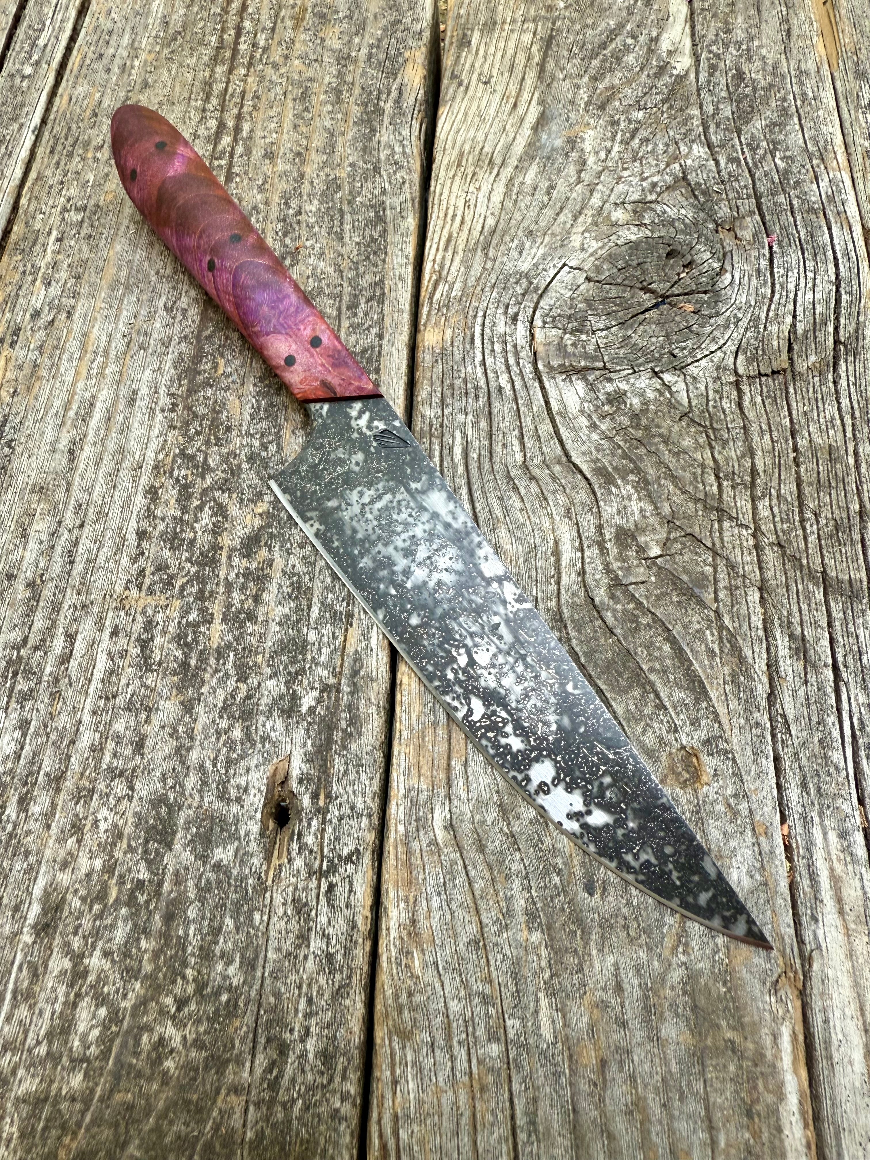 Western Kitchen Petty Knife — dyed Maple Burl & Linen Micarta