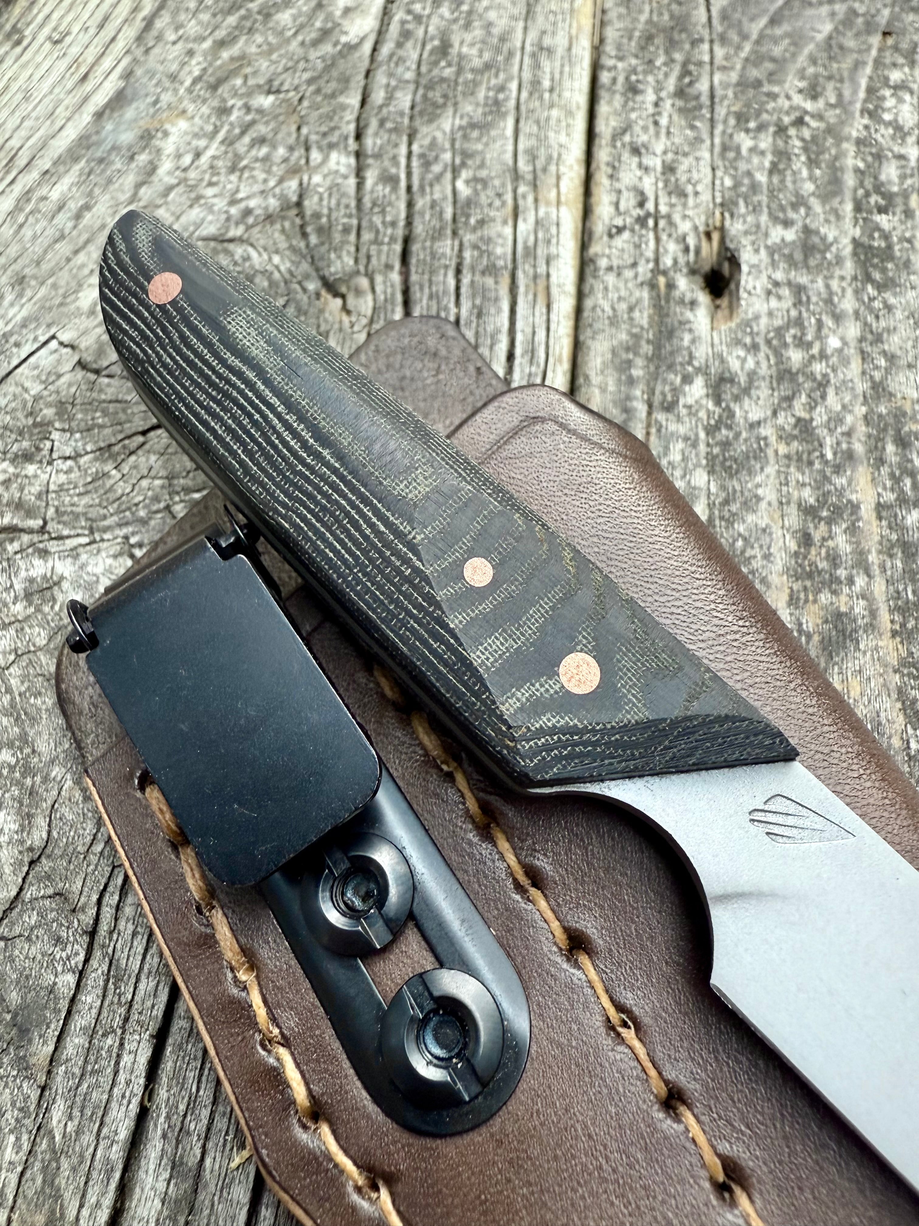 Ocelot Pocket EDC knife — Linen Micarta & copper