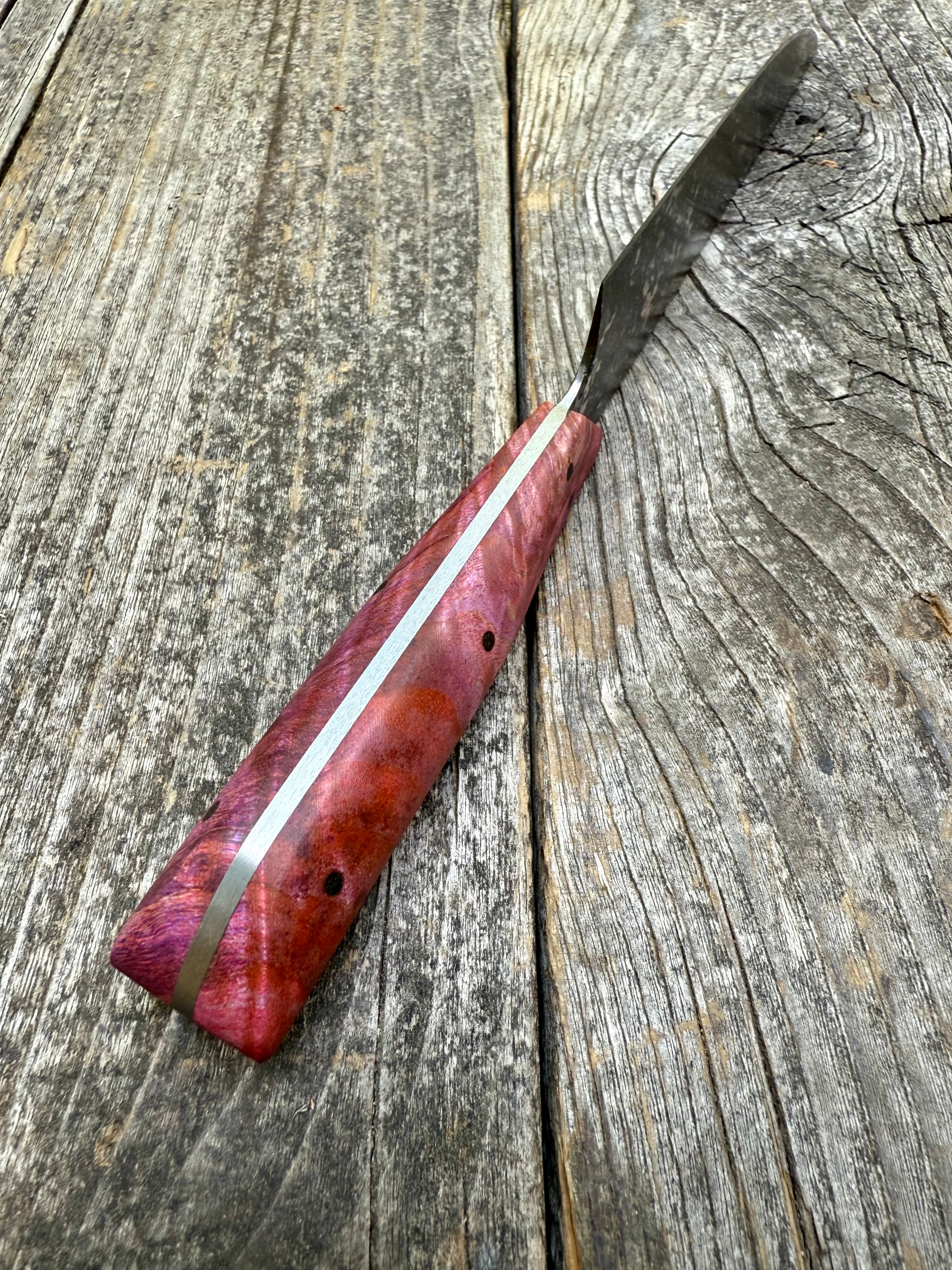Western Kitchen Petty Knife — dyed Maple Burl & Linen Micarta