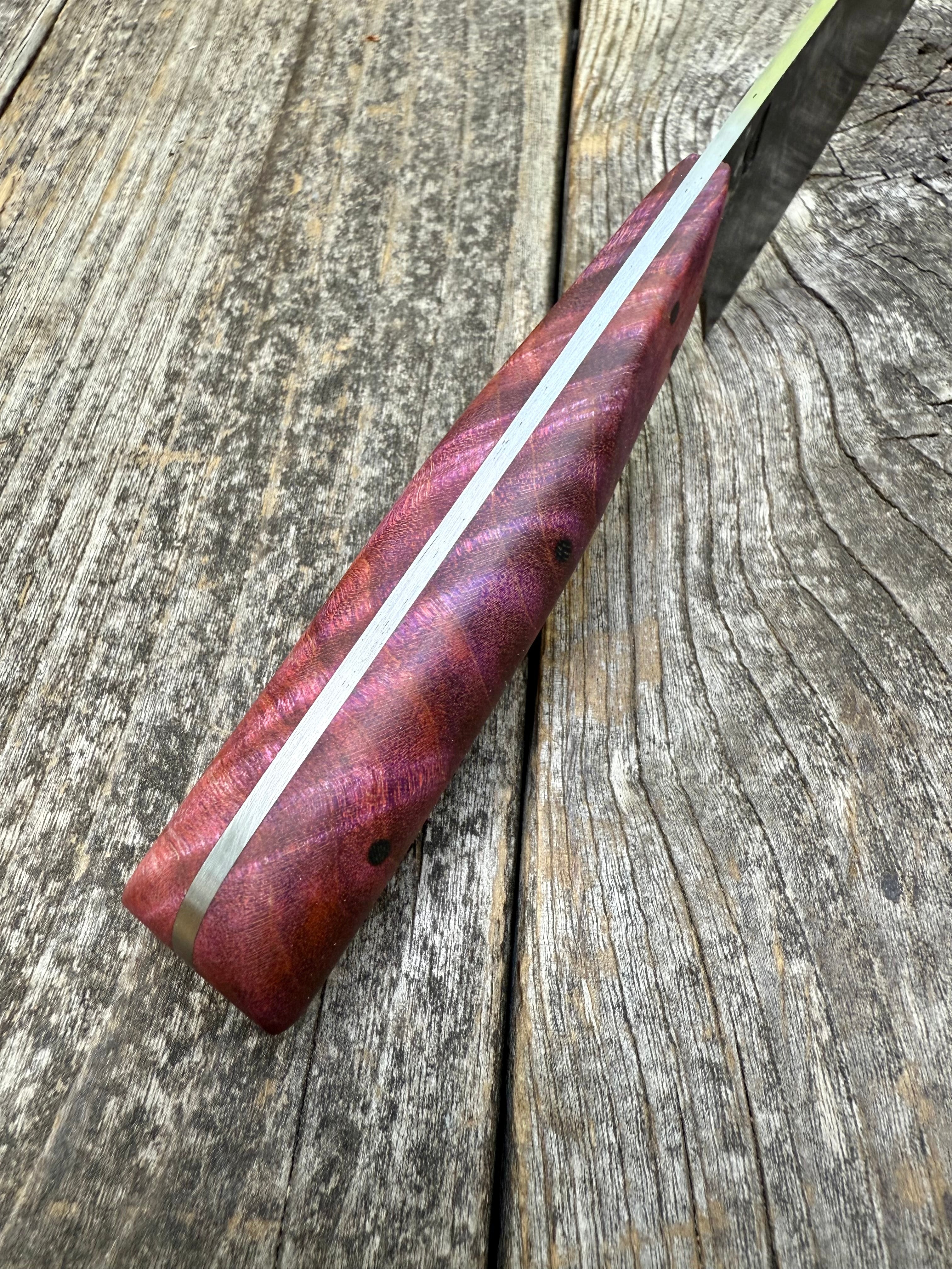 Western Kitchen Petty Knife — dyed Maple Burl & Linen Micarta