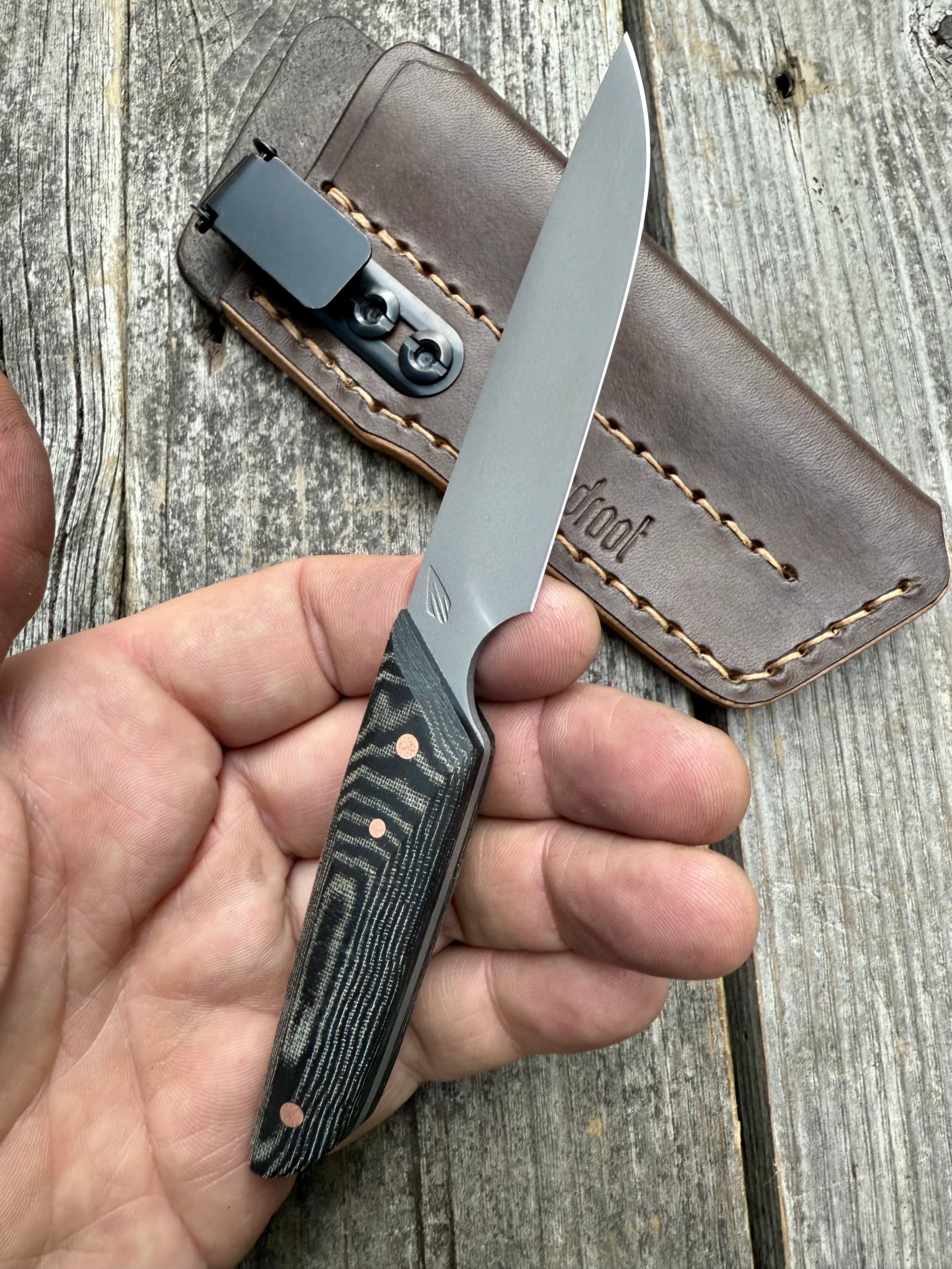 Ocelot Pocket EDC knife — Linen Micarta & copper