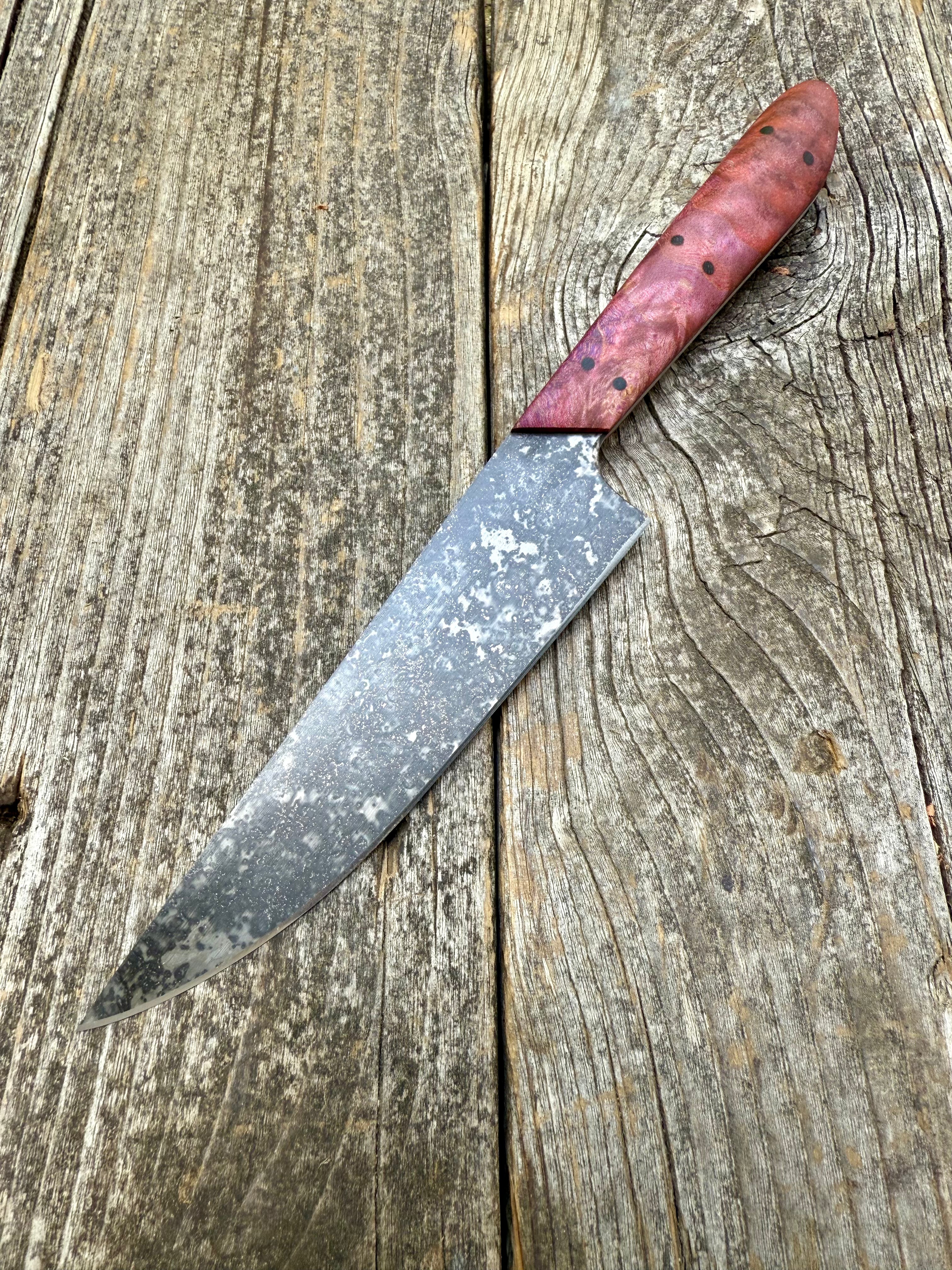 Western Kitchen Petty Knife — dyed Maple Burl & Linen Micarta