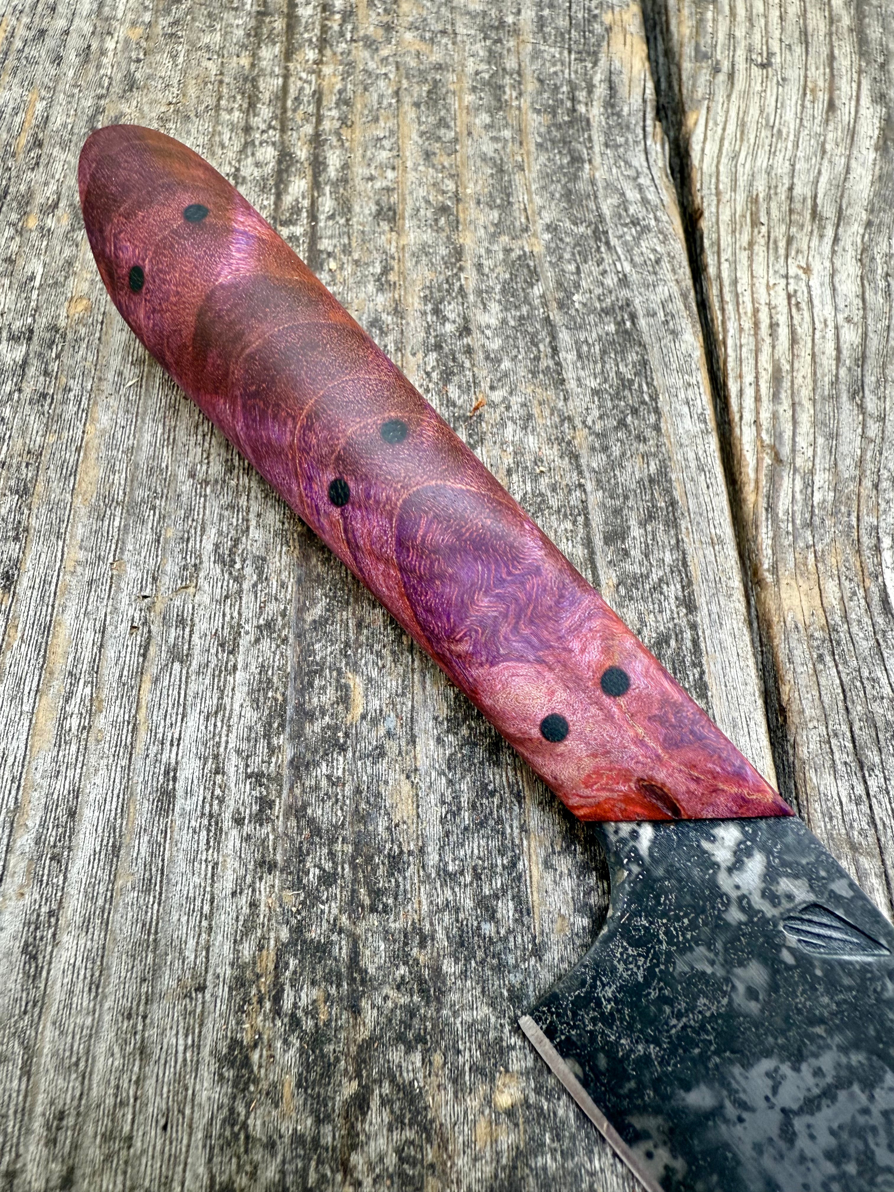 Western Kitchen Petty Knife — dyed Maple Burl & Linen Micarta