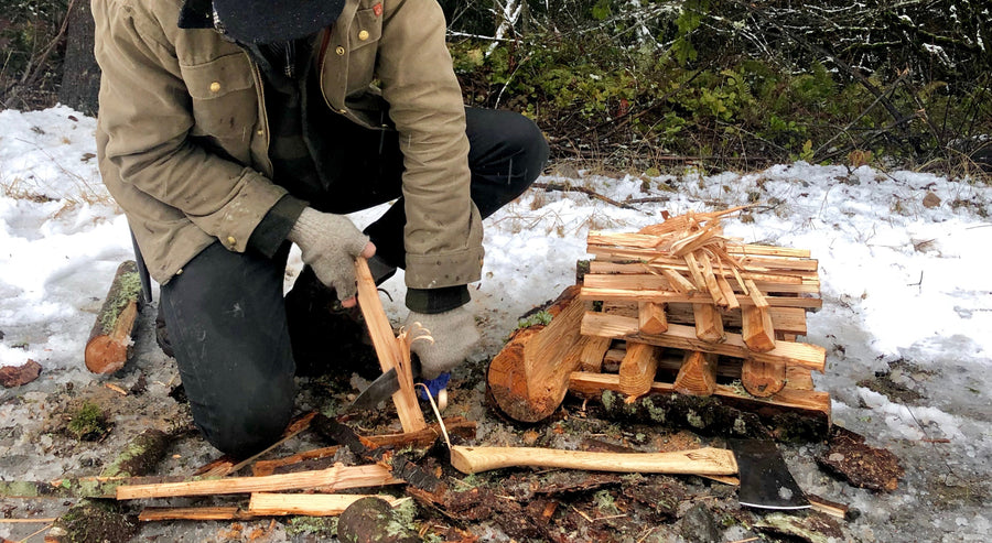 redroot blades. Knives for natural living. making an upside down fire. winter camping. snow camping. making a fire in the snow. handmade carbon steel knives.