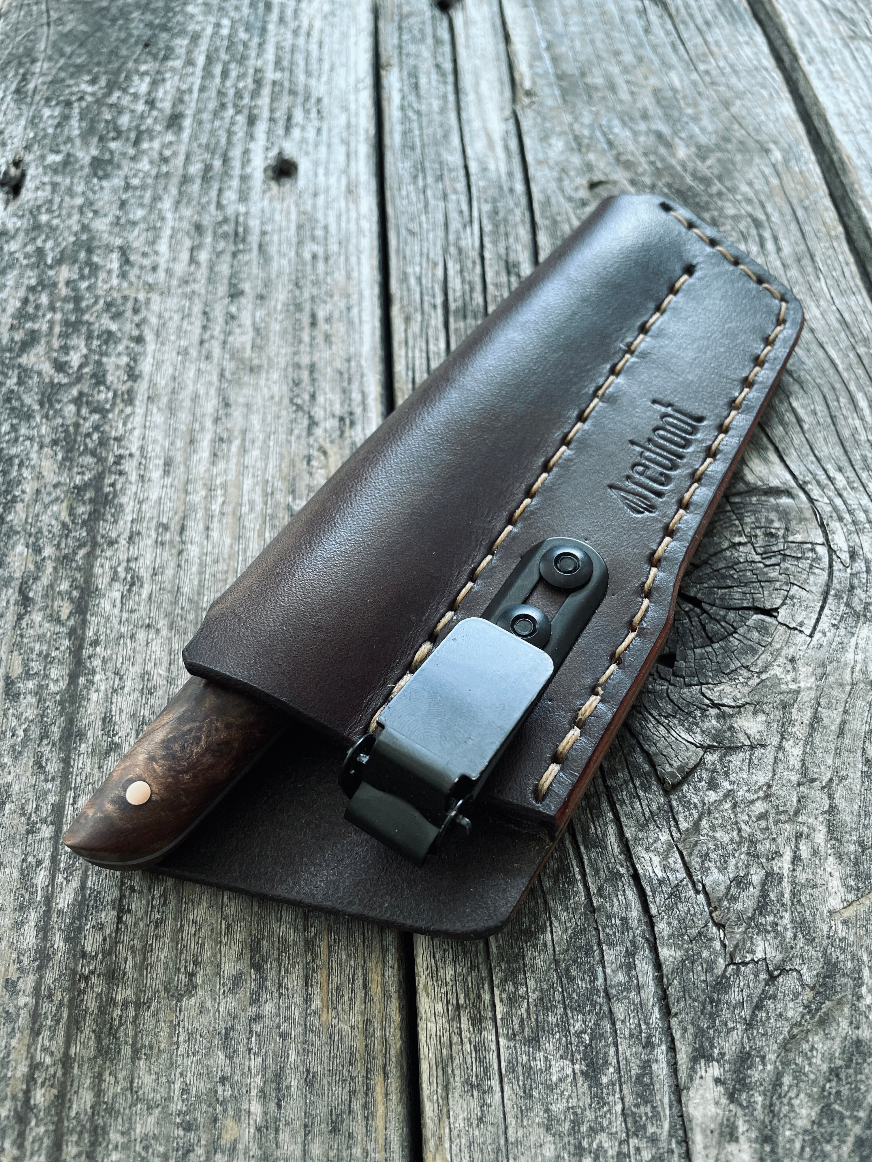 Ocelot Pocket EDC knife — Redwood Burl & copper