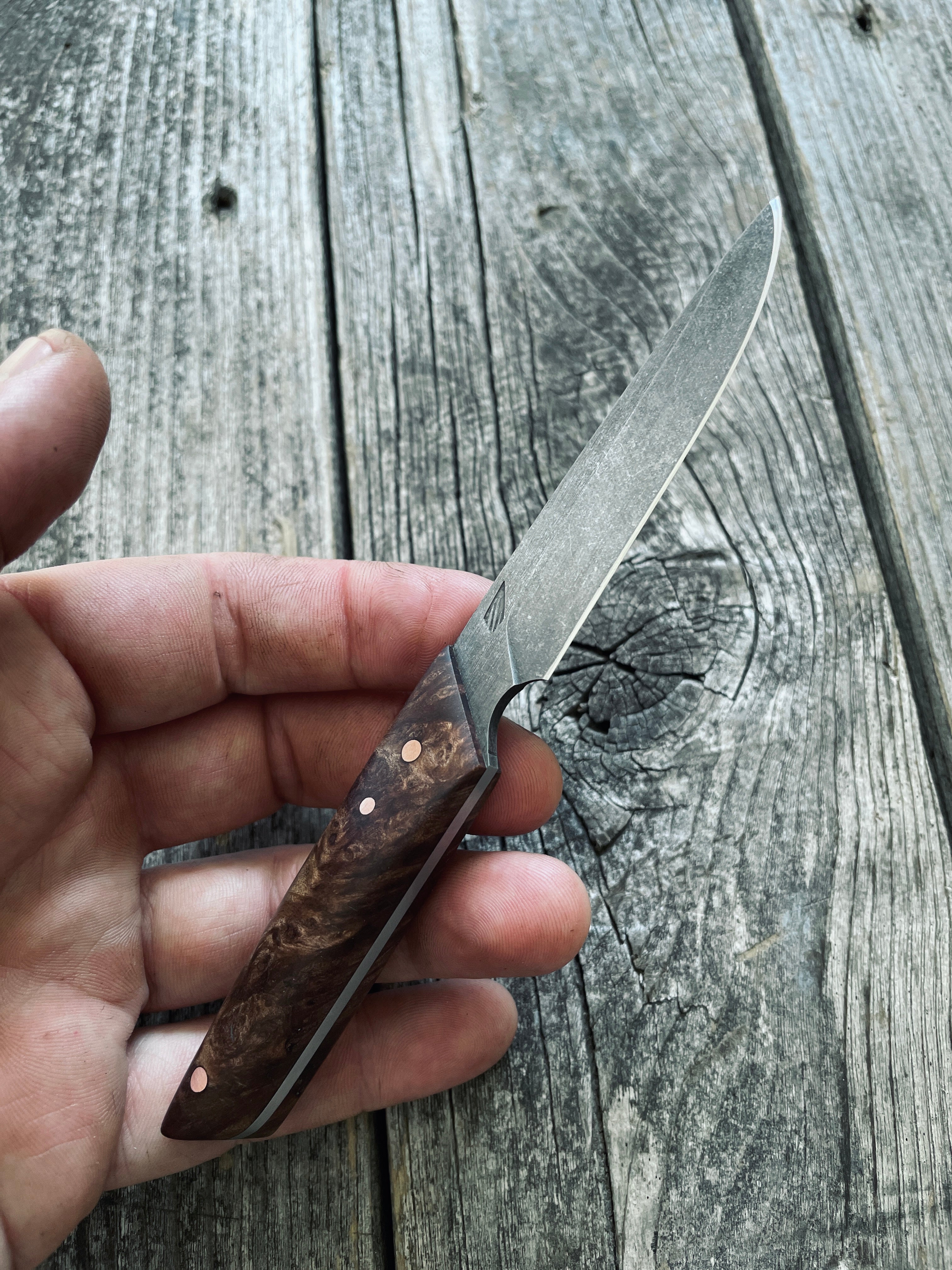 Ocelot Pocket EDC knife — Redwood Burl & copper