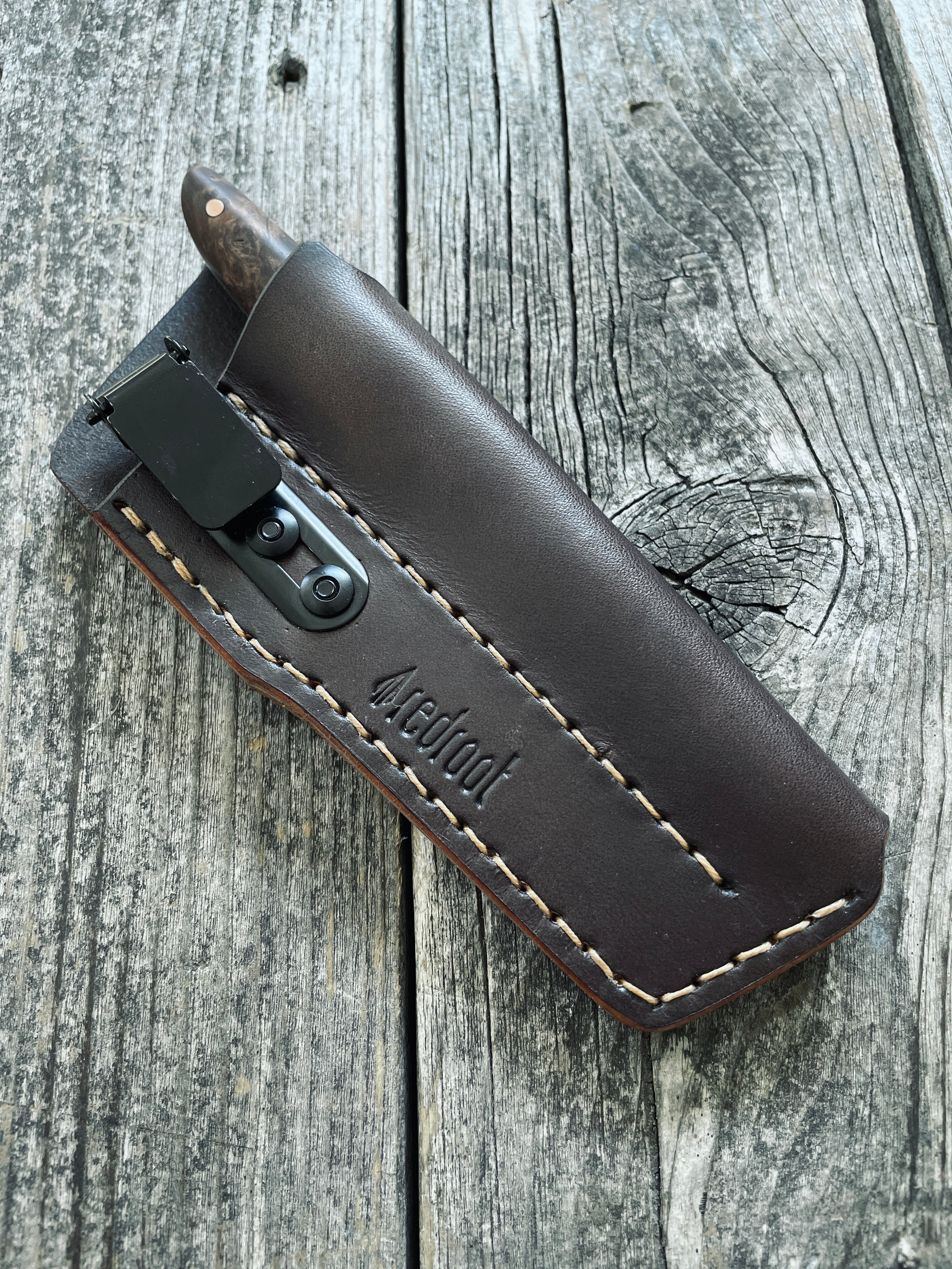 Ocelot Pocket EDC knife — Redwood Burl & copper