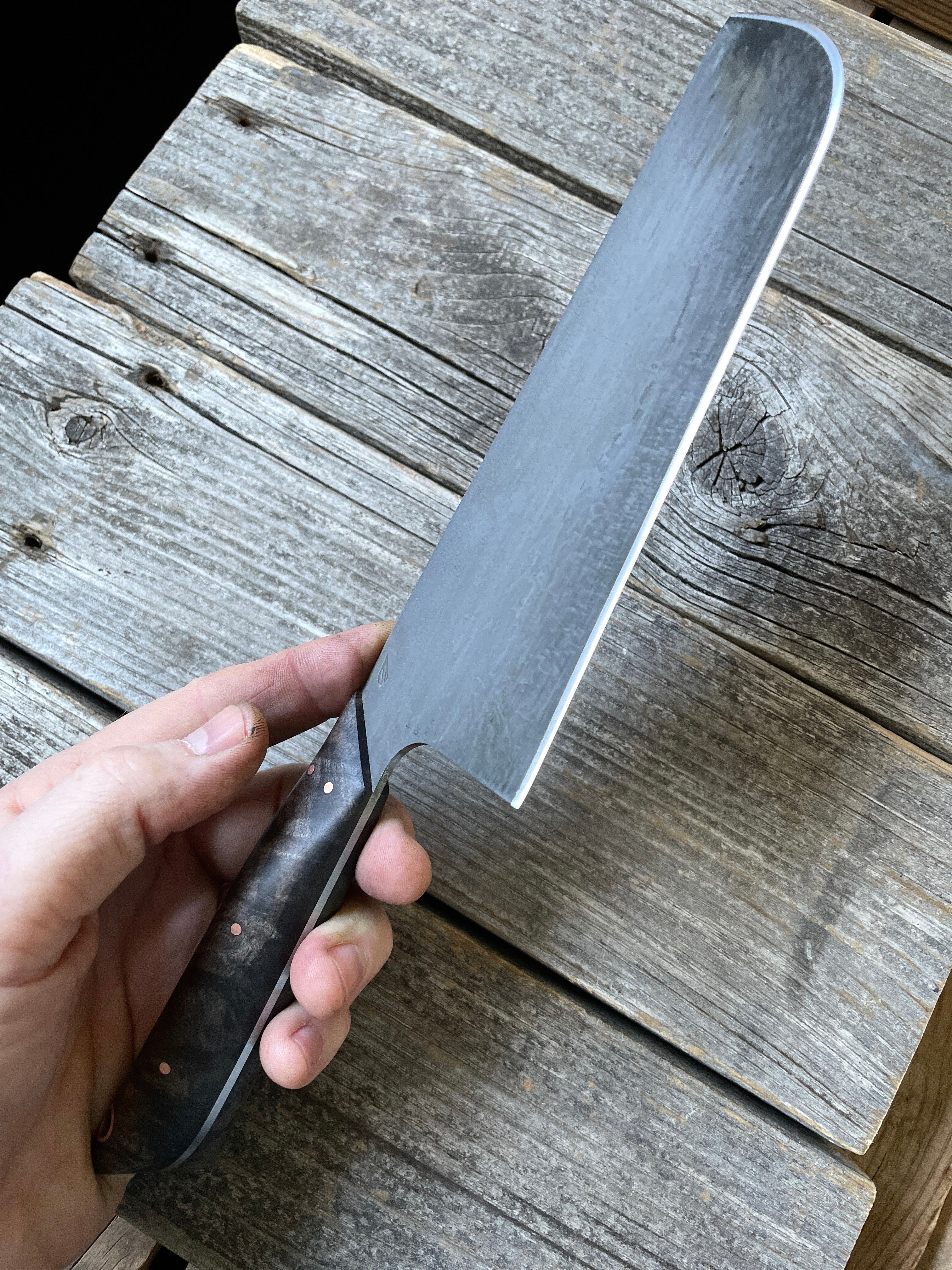 Western “Nakiri” Vegetable Knife— Maple Burl & Copper