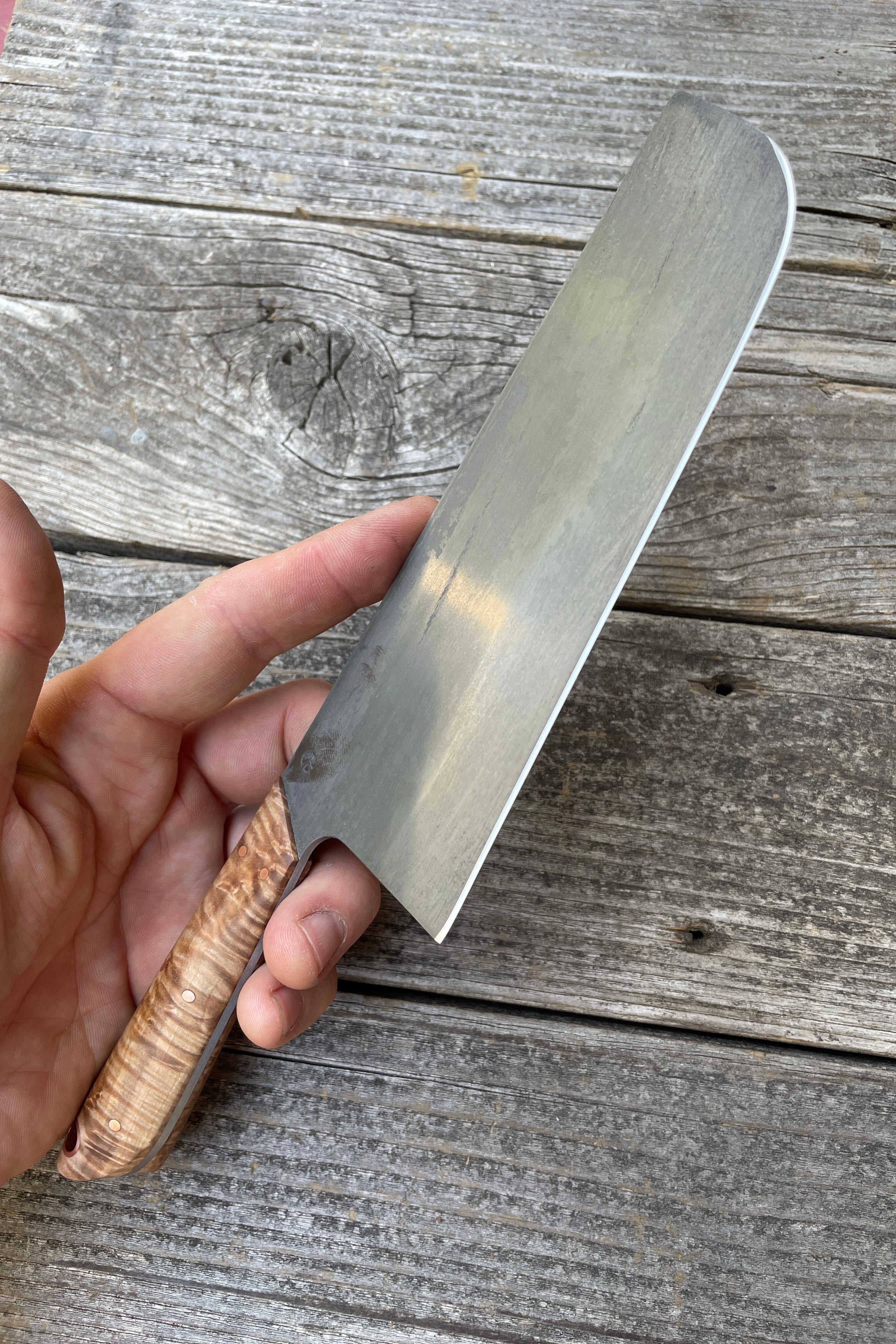Western “Nakiri” Vegetable Knife— Quilted Maple & Copper